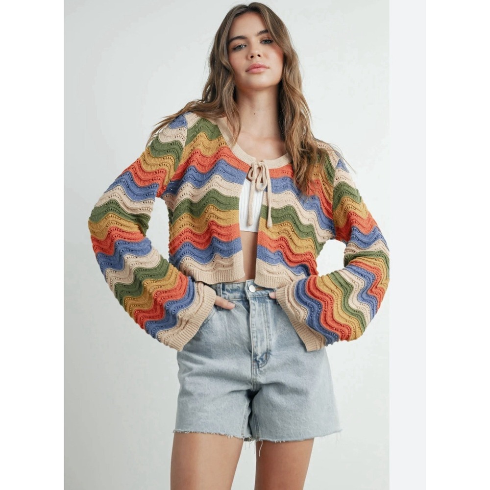 Woodstock Open Front Tie Chevron Cardigan M Open Knit Boho Retro Festival TikTok